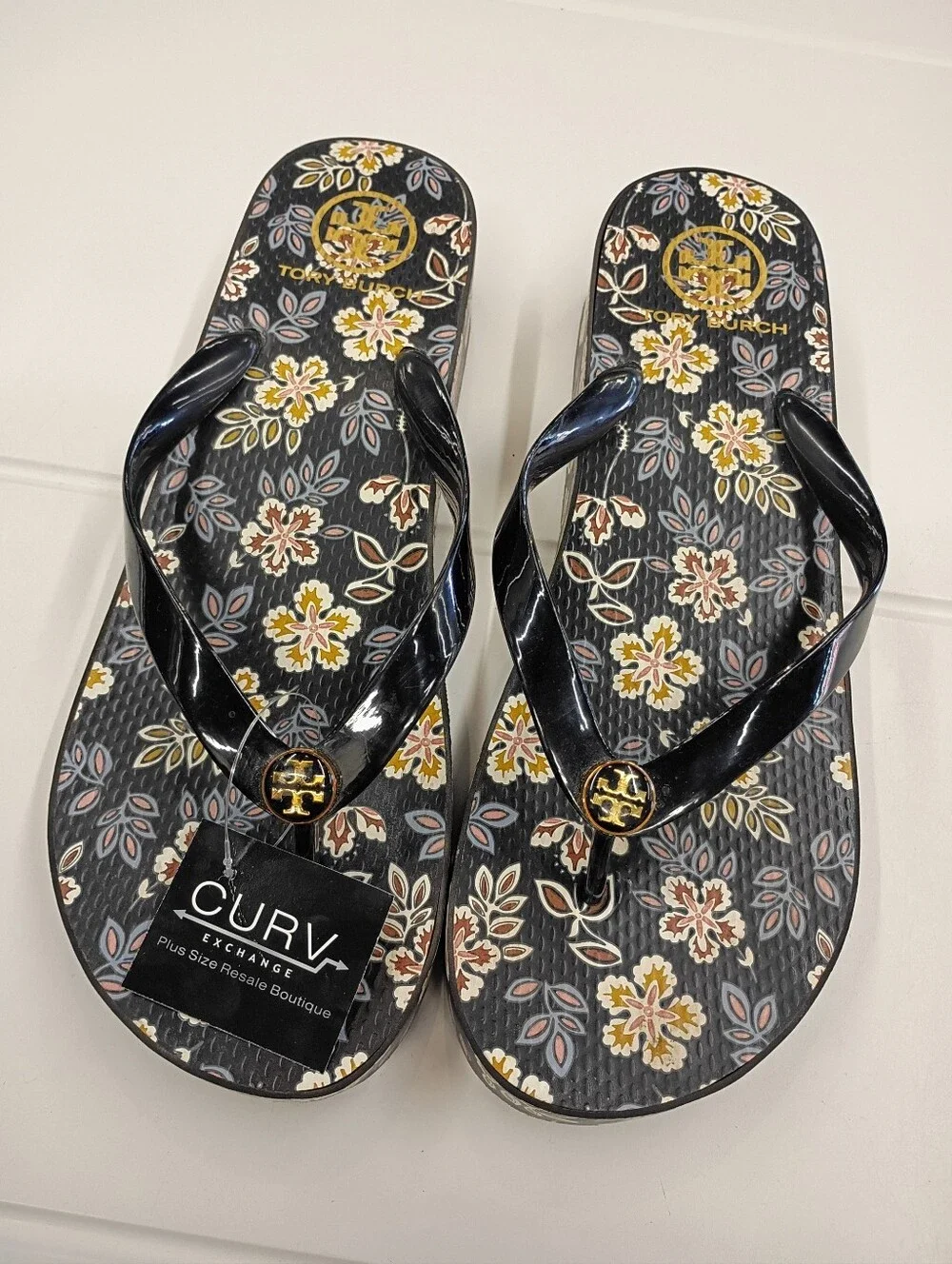 Tory Burch Black Floral Logo Thong Sandals